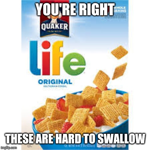 Life cereal | YOU'RE RIGHT THESE ARE HARD TO SWALLOW | image tagged in life cereal | made w/ Imgflip meme maker