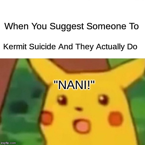 Surprised Pikachu Meme | When You Suggest Someone To; Kermit Suicide And They Actually Do; "NANI!" | image tagged in memes,surprised pikachu | made w/ Imgflip meme maker