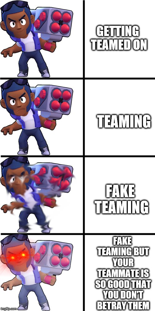 Imagine that | GETTING TEAMED ON; TEAMING; FAKE TEAMING; FAKE TEAMING BUT YOUR TEAMMATE IS SO GOOD THAT YOU DON'T BETRAY THEM | image tagged in brawl stars brock | made w/ Imgflip meme maker
