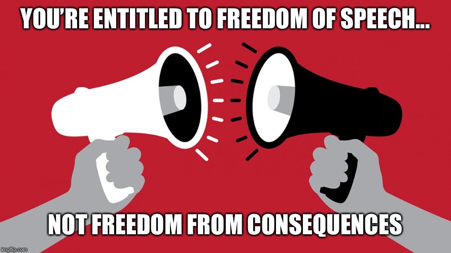 Freedom of speech, not freedom from consequences | YOU’RE ENTITLED TO FREEDOM OF SPEECH... NOT FREEDOM FROM CONSEQUENCES | image tagged in free speech,freedom of speech,political correctness,freedom from consequences,sjw,snowflakes | made w/ Imgflip meme maker