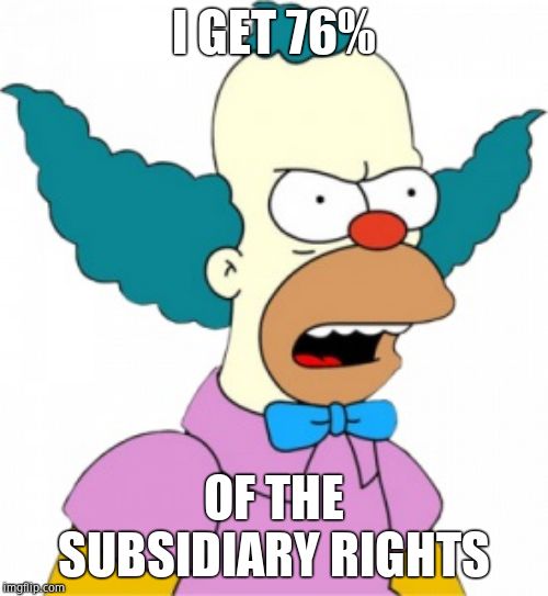Krusty The Clown - Angry | I GET 76% OF THE SUBSIDIARY RIGHTS | image tagged in krusty the clown - angry | made w/ Imgflip meme maker