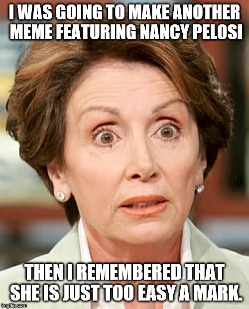 shocked nancy pelosi |  I WAS GOING TO MAKE ANOTHER MEME FEATURING NANCY PELOSI; THEN I REMEMBERED THAT SHE IS JUST TOO EASY A MARK. | image tagged in shocked nancy pelosi | made w/ Imgflip meme maker