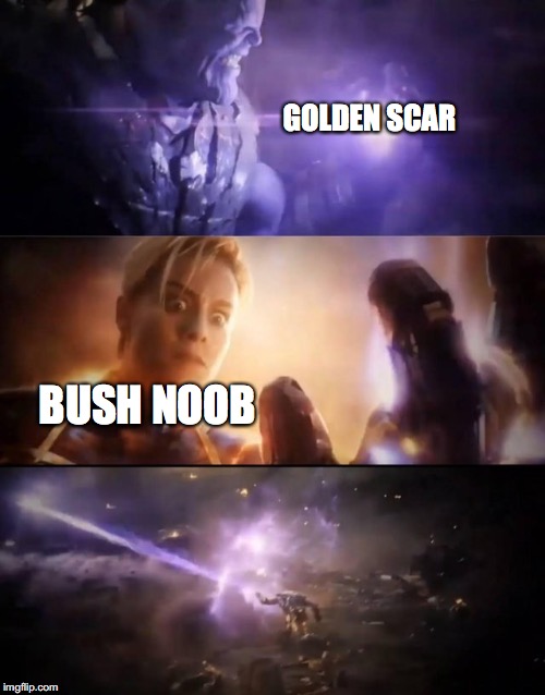 Thanos vs. Captain Marvel | GOLDEN SCAR; BUSH NOOB | image tagged in thanos vs captain marvel | made w/ Imgflip meme maker