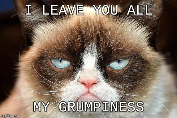 RIP, the world is a grumpier place | I LEAVE YOU ALL; MY GRUMPINESS | image tagged in memes,grumpy cat not amused,grumpy cat | made w/ Imgflip meme maker