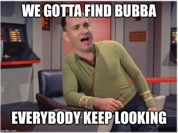 Capt Forrest Kirk | WE GOTTA FIND BUBBA; EVERYBODY KEEP LOOKING | image tagged in capt forrest kirk,star trek,bubba gump,friends,promise | made w/ Imgflip meme maker