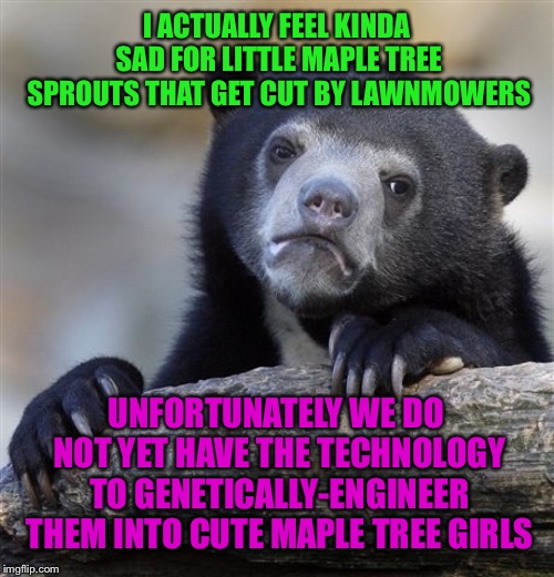 Confession Bear Meme | I ACTUALLY FEEL KINDA SAD FOR LITTLE MAPLE TREE SPROUTS THAT GET CUT BY LAWNMOWERS; UNFORTUNATELY WE DO NOT YET HAVE THE TECHNOLOGY TO GENETICALLY-ENGINEER THEM INTO CUTE MAPLE TREE GIRLS | image tagged in memes,confession bear | made w/ Imgflip meme maker