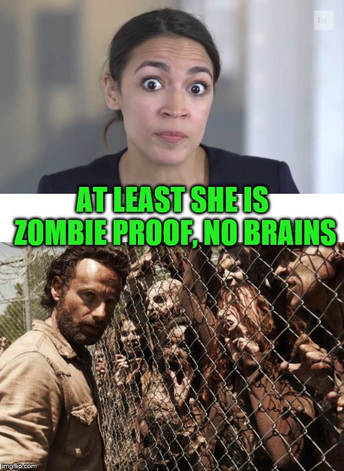 AOC is zombie proof | AT LEAST SHE IS ZOMBIE PROOF, NO BRAINS | image tagged in zombies,crazy alexandria ocasio-cortez,aoc,alexandria ocasio-cortez,brains | made w/ Imgflip meme maker