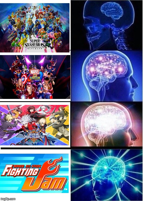 How Crossovers are depicted in this meme | image tagged in memes,expanding brain,video games,crossover | made w/ Imgflip meme maker