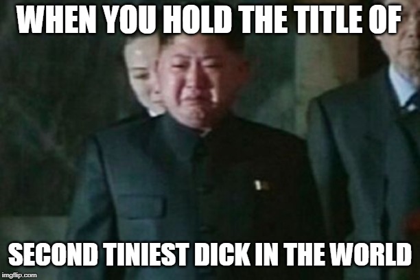 Kim Jong Un Sad | WHEN YOU HOLD THE TITLE OF; SECOND TINIEST DICK IN THE WORLD | image tagged in memes,kim jong un sad | made w/ Imgflip meme maker