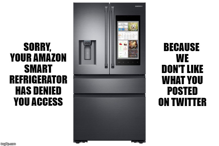 When you allow censorship of ideas. |  SORRY, YOUR AMAZON SMART REFRIGERATOR HAS DENIED YOU ACCESS; BECAUSE WE DON'T LIKE WHAT YOU POSTED ON TWITTER | image tagged in amazon smart refrig | made w/ Imgflip meme maker