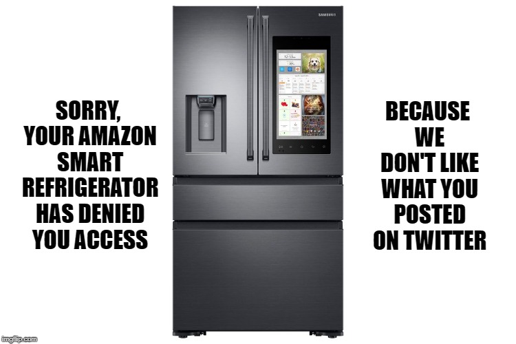 When you allow censorship of ideas. | SORRY, YOUR AMAZON SMART REFRIGERATOR HAS DENIED YOU ACCESS; BECAUSE WE DON'T LIKE WHAT YOU POSTED ON TWITTER | image tagged in amazon smart refrig | made w/ Imgflip meme maker