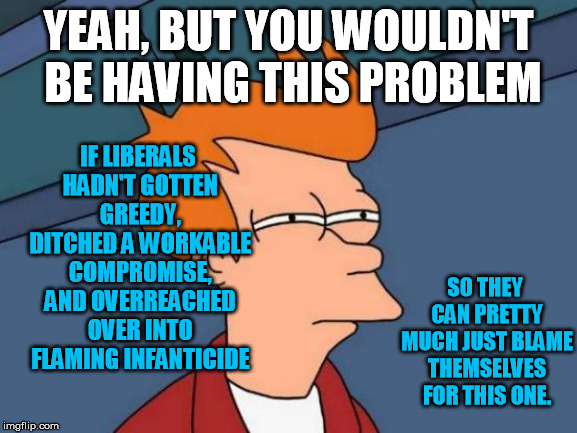 Futurama Fry Meme | YEAH, BUT YOU WOULDN'T BE HAVING THIS PROBLEM IF LIBERALS HADN'T GOTTEN GREEDY, DITCHED A WORKABLE COMPROMISE, AND OVERREACHED OVER INTO FLA | image tagged in memes,futurama fry | made w/ Imgflip meme maker