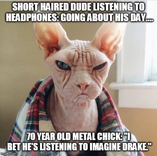 Angry hairless cat | SHORT HAIRED DUDE LISTENING TO HEADPHONES: GOING ABOUT HIS DAY.... 70 YEAR OLD METAL CHICK: "I BET HE'S LISTENING TO IMAGINE DRAKE." | image tagged in angry hairless cat | made w/ Imgflip meme maker