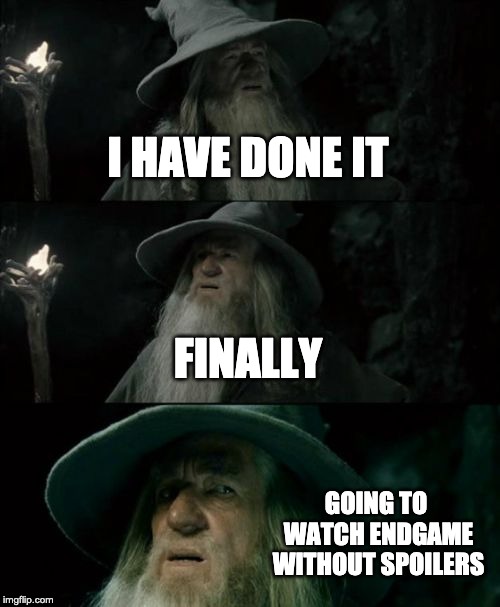 Confused Gandalf | I HAVE DONE IT; FINALLY; GOING TO WATCH ENDGAME WITHOUT SPOILERS | image tagged in memes,confused gandalf | made w/ Imgflip meme maker
