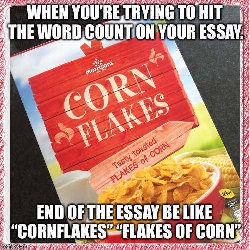 Hit the word count | WHEN YOU’RE TRYING TO HIT THE WORD COUNT ON YOUR ESSAY. END OF THE ESSAY BE LIKE “CORNFLAKES” “FLAKES OF CORN” | image tagged in hit the word count,college essay,uni essay,essay,word count meme,writers block | made w/ Imgflip meme maker