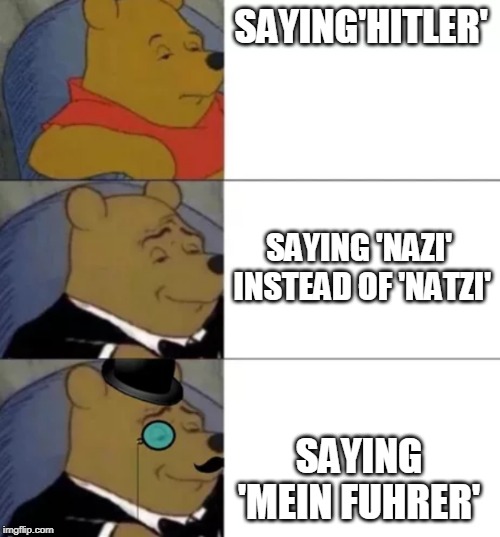 Fancy pooh | SAYING'HITLER'; SAYING 'NAZI' INSTEAD OF 'NATZI'; SAYING 'MEIN FUHRER' | image tagged in fancy pooh | made w/ Imgflip meme maker