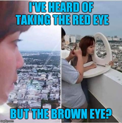 Is this seat taken? | I'VE HEARD OF TAKING THE RED EYE; BUT THE BROWN EYE? | image tagged in toilet humour,funny toilet seat | made w/ Imgflip meme maker