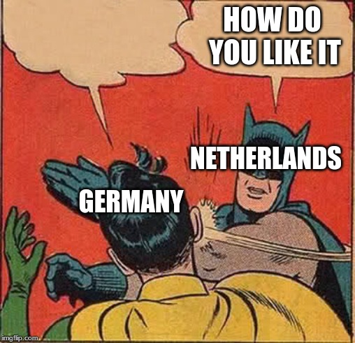 netherlands revenge | HOW DO YOU LIKE IT; NETHERLANDS; GERMANY | image tagged in memes,batman slapping robin | made w/ Imgflip meme maker