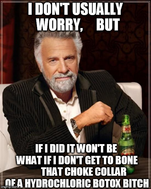 The Most Interesting Man In The World Meme | I DON'T USUALLY  WORRY,     BUT IF I DID IT WON'T BE WHAT IF I DON'T GET TO BONE 






THAT CHOKE COLLAR OF A HYDROCHLORIC BOTOX B**CH | image tagged in memes,the most interesting man in the world | made w/ Imgflip meme maker