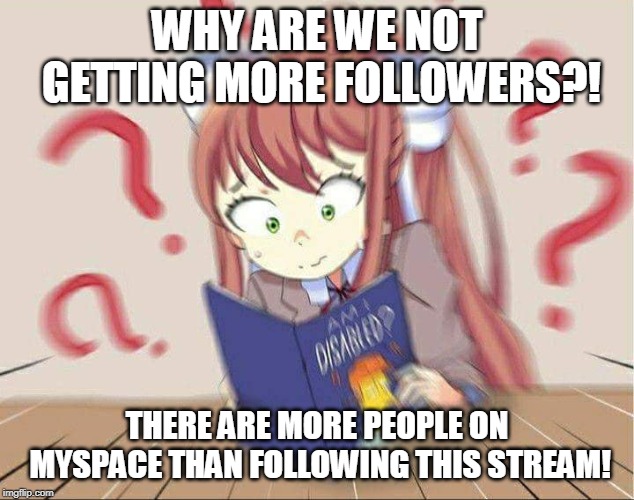 DDLCDisabled |  WHY ARE WE NOT GETTING MORE FOLLOWERS?! THERE ARE MORE PEOPLE ON MYSPACE THAN FOLLOWING THIS STREAM! | image tagged in ddlcdisabled | made w/ Imgflip meme maker