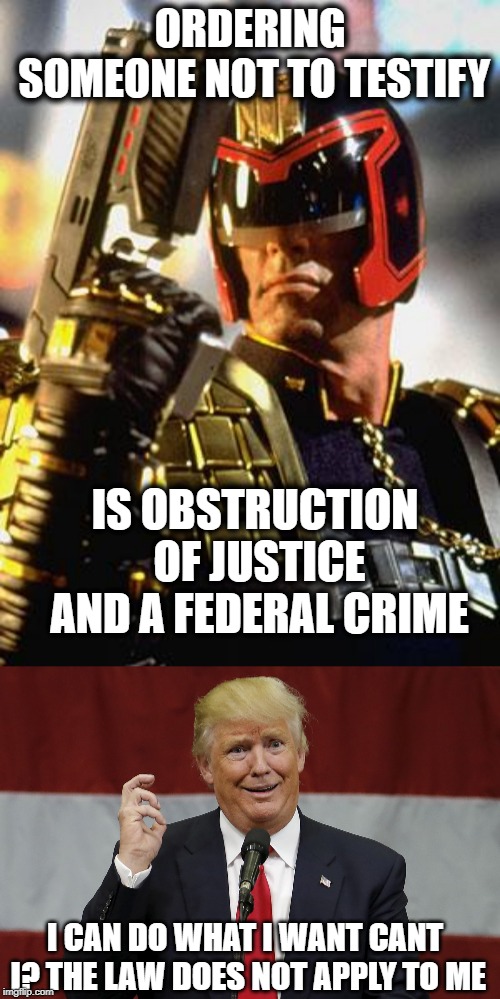 Blatant Obstruction of Justice | ORDERING SOMEONE NOT TO TESTIFY; IS OBSTRUCTION OF JUSTICE AND A FEDERAL CRIME; I CAN DO WHAT I WANT CANT I? THE LAW DOES NOT APPLY TO ME | image tagged in memes,politics,maga,impeach trump,crime | made w/ Imgflip meme maker