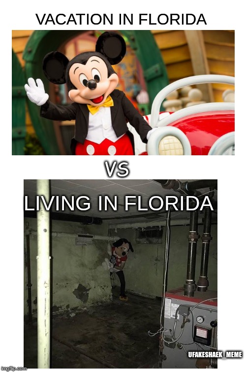 Vacation vs living in Florida | VACATION IN FLORIDA; VS; LIVING IN FLORIDA; UFAKESHAEK_MEME | image tagged in florida,cursed image,mickey mouse,memes,fun | made w/ Imgflip meme maker