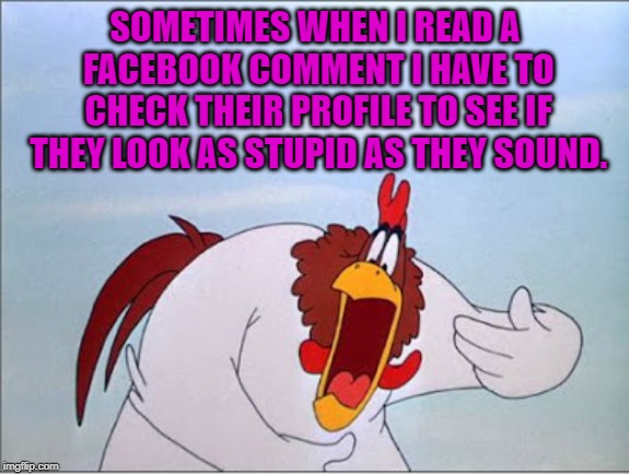 just checking | SOMETIMES WHEN I READ A FACEBOOK COMMENT I HAVE TO CHECK THEIR PROFILE TO SEE IF THEY LOOK AS STUPID AS THEY SOUND. | image tagged in foghorn,facebook | made w/ Imgflip meme maker
