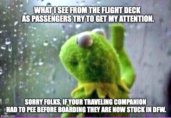 kirmet rain | WHAT I SEE FROM THE FLIGHT DECK AS PASSENGERS TRY TO GET MY ATTENTION. SORRY FOLKS, IF YOUR TRAVELING COMPANION HAD TO PEE BEFORE BOARDING THEY ARE NOW STUCK IN DFW. | image tagged in kirmet rain | made w/ Imgflip meme maker