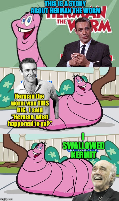 Herman the Worm (adapted by Sean Connery) | THIS IS A STORY ABOUT HERMAN THE WORM; Herman the worm was THIS BIG.  I said “Herman, what happened to ya?”; I SWALLOWED KERMIT | image tagged in memes,sean connery  kermit,herman the worm | made w/ Imgflip meme maker