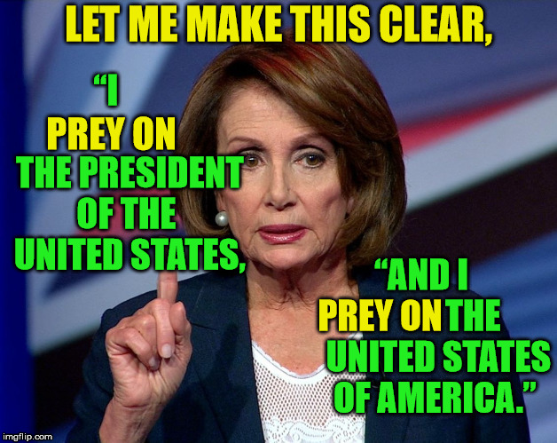Nancy Pelosi doesn't "Pray For", she "Preys On"... | LET ME MAKE THIS CLEAR, “I                 THE PRESIDENT   OF THE    UNITED STATES, PREY ON; “AND I               THE UNITED STATES OF AMERICA.”; PREY ON | image tagged in pray,prey,memes,president trump,united states of america,nancy pelosi | made w/ Imgflip meme maker