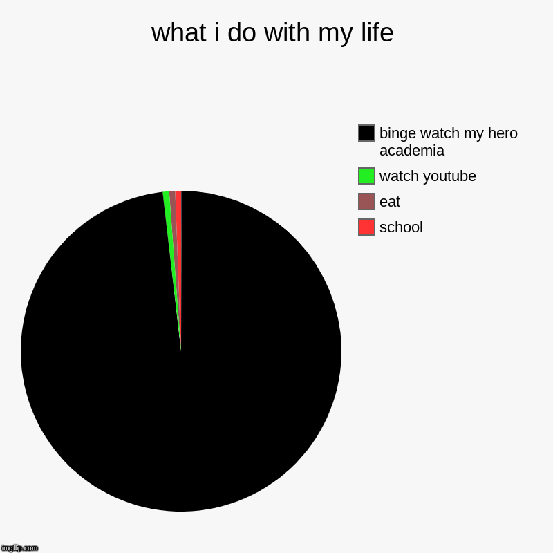 what i do with my life | school, eat, watch youtube, binge watch my hero academia | image tagged in charts,pie charts | made w/ Imgflip chart maker