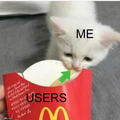Sad cat taking fry | ME; USERS | image tagged in sad cat taking fry | made w/ Imgflip meme maker