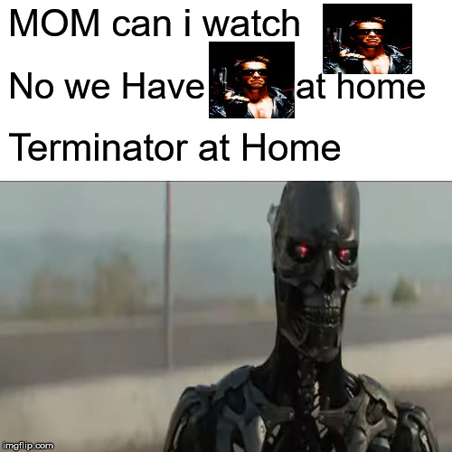 Terminator: Dark Fate Trailer Meme | MOM can i watch; No we Have         at home; Terminator at Home | image tagged in memes,terminator,terminator dark fate,trailer,funny | made w/ Imgflip meme maker