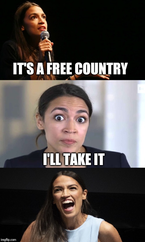 Bad pun Alexandria Ocasio Cortez | IT'S A FREE COUNTRY; I'LL TAKE IT | image tagged in aoc jokes | made w/ Imgflip meme maker