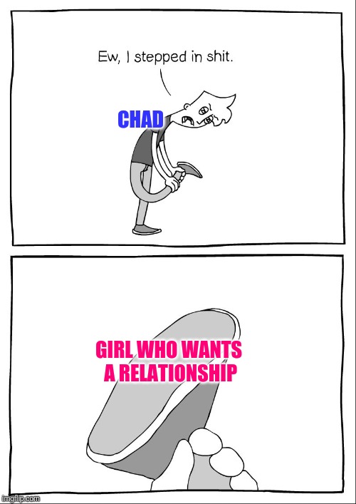 Ew, i stepped in shit | CHAD; GIRL WHO WANTS A RELATIONSHIP | image tagged in ew i stepped in shit | made w/ Imgflip meme maker