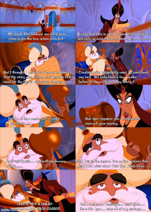 Jafar and Sultan discuss the remake | image tagged in aladdin,remake,sultan,jafar | made w/ Imgflip meme maker
