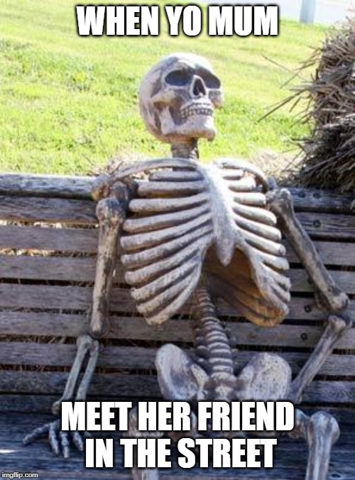 Waiting Skeleton | WHEN YO MUM; MEET HER FRIEND IN THE STREET | image tagged in memes,waiting skeleton | made w/ Imgflip meme maker