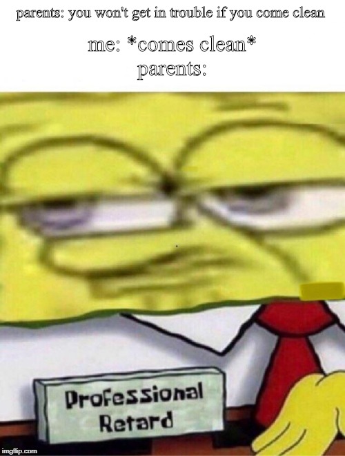 Spongebob professional retard | parents: you won't get in trouble if you come clean; me: *comes clean*; parents: | image tagged in spongebob professional retard | made w/ Imgflip meme maker