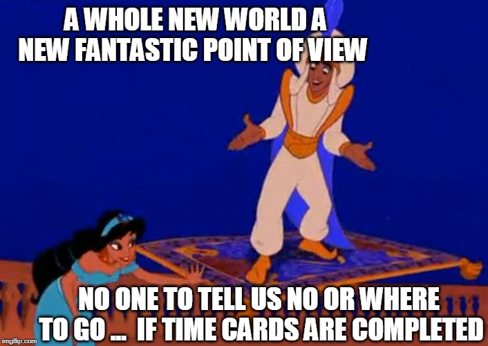 Aladdin time card | A WHOLE NEW WORLD
A NEW FANTASTIC POINT OF VIEW; NO ONE TO TELL US NO OR WHERE TO GO ...  IF TIME CARDS ARE COMPLETED | image tagged in aladdin,jasmine,time card,reminder | made w/ Imgflip meme maker