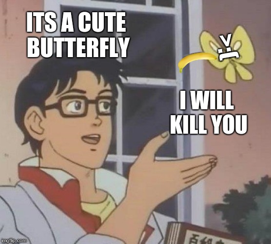 Is This A Pigeon | ITS A CUTE BUTTERFLY; >:(; I WILL KILL YOU | image tagged in memes,is this a pigeon | made w/ Imgflip meme maker