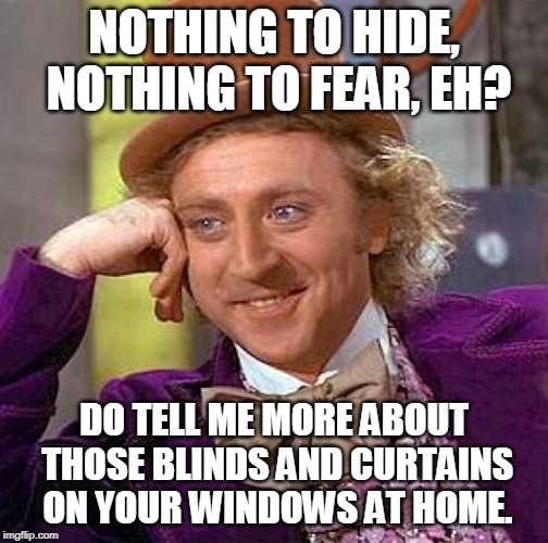 Creepy Condescending Wonka | NOTHING TO HIDE, NOTHING TO FEAR, EH? DO TELL ME MORE ABOUT THOSE BLINDS AND CURTAINS ON YOUR WINDOWS AT HOME. | image tagged in memes,creepy condescending wonka | made w/ Imgflip meme maker