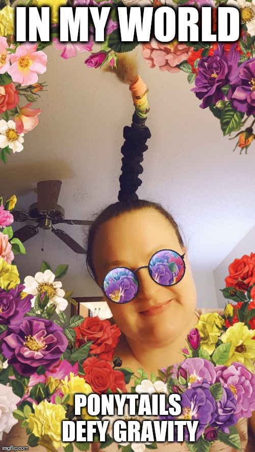 Downside of Life in a Fantasy World | IN MY WORLD PONYTAILS DEFY GRAVITY | image tagged in vince vance,flowers,ponytails,flower power,gravity,sunglasses | made w/ Imgflip meme maker