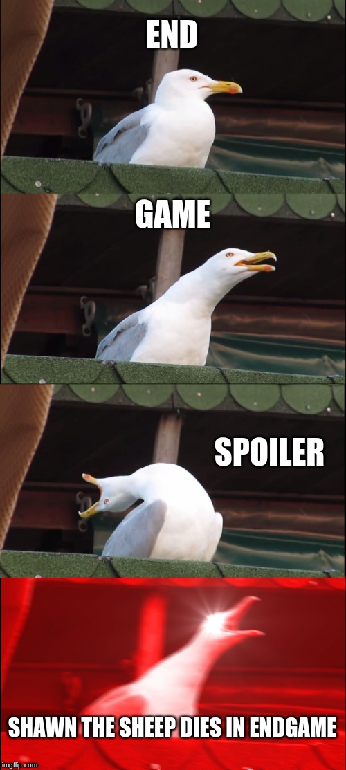 Inhaling Seagull Meme | END; GAME; SPOILER; SHAWN THE SHEEP DIES IN ENDGAME | image tagged in memes,inhaling seagull | made w/ Imgflip meme maker