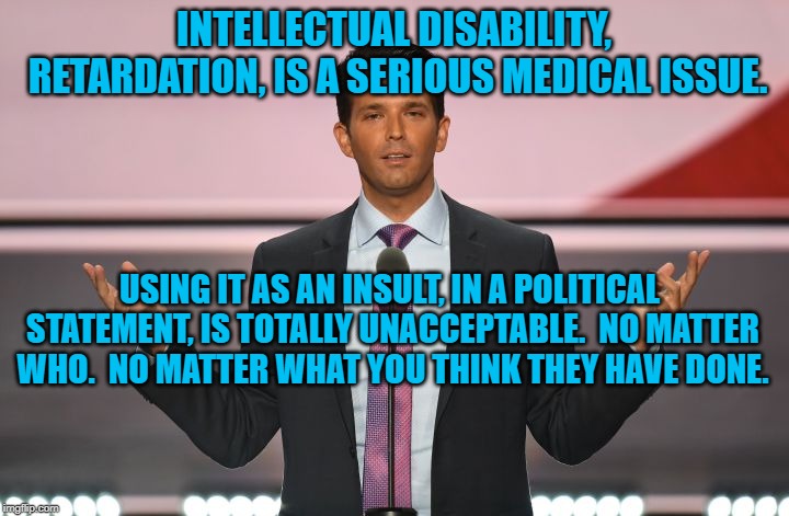 Donald Trump Jr | INTELLECTUAL DISABILITY, RETARDATION, IS A SERIOUS MEDICAL ISSUE. USING IT AS AN INSULT, IN A POLITICAL STATEMENT, IS TOTALLY UNACCEPTABLE.  NO MATTER WHO.  NO MATTER WHAT YOU THINK THEY HAVE DONE. | image tagged in donald trump jr | made w/ Imgflip meme maker