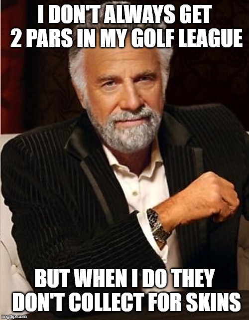 i don't always | I DON'T ALWAYS GET 2 PARS IN MY GOLF LEAGUE; BUT WHEN I DO THEY DON'T COLLECT FOR SKINS | image tagged in i don't always | made w/ Imgflip meme maker