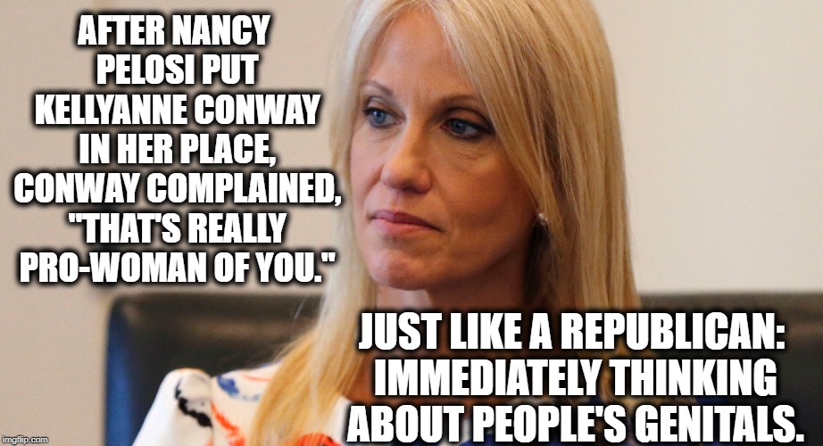 The Conway Comeback | AFTER NANCY PELOSI PUT KELLYANNE CONWAY IN HER PLACE, CONWAY COMPLAINED, "THAT'S REALLY PRO-WOMAN OF YOU."; JUST LIKE A REPUBLICAN: IMMEDIATELY THINKING ABOUT PEOPLE'S GENITALS. | image tagged in kellyanne conway,nancy pelosi,donald trump,impeach trump,genitals,republicans | made w/ Imgflip meme maker