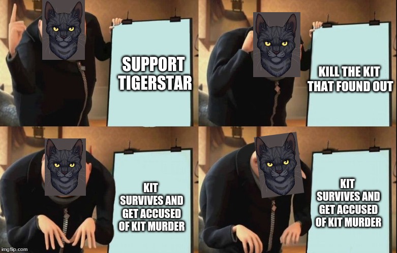 Gru poster | KILL THE KIT THAT FOUND OUT; SUPPORT TIGERSTAR; KIT SURVIVES AND GET ACCUSED OF KIT MURDER; KIT SURVIVES AND GET ACCUSED OF KIT MURDER | image tagged in gru poster | made w/ Imgflip meme maker