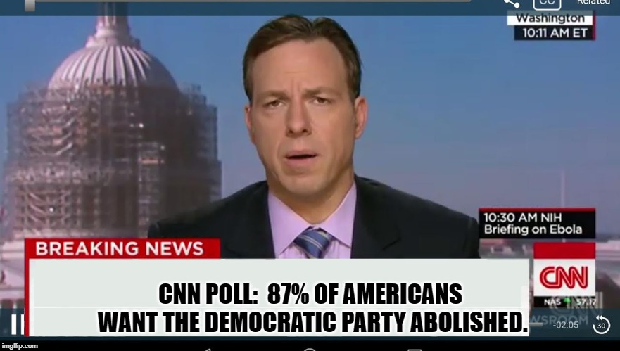 cnn breaking news template | CNN POLL:  87% OF AMERICANS WANT THE DEMOCRATIC PARTY ABOLISHED. | image tagged in cnn breaking news template | made w/ Imgflip meme maker