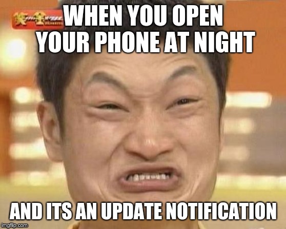 Impossibru Guy Original Meme | WHEN YOU OPEN YOUR PHONE AT NIGHT; AND ITS AN UPDATE NOTIFICATION | image tagged in memes,impossibru guy original | made w/ Imgflip meme maker