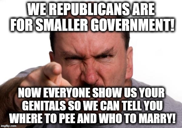 Smaller Government Except For Genitals | WE REPUBLICANS ARE FOR SMALLER GOVERNMENT! NOW EVERYONE SHOW US YOUR GENITALS SO WE CAN TELL YOU WHERE TO PEE AND WHO TO MARRY! | image tagged in republicans,genitals,lgbt,marriage equality,separation of church and state,pee pee | made w/ Imgflip meme maker